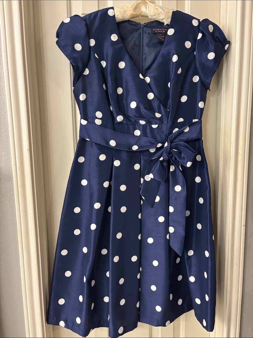 Signature by Robbie Bee Navy and White Polka Dot Wrap-Style Midi Dress